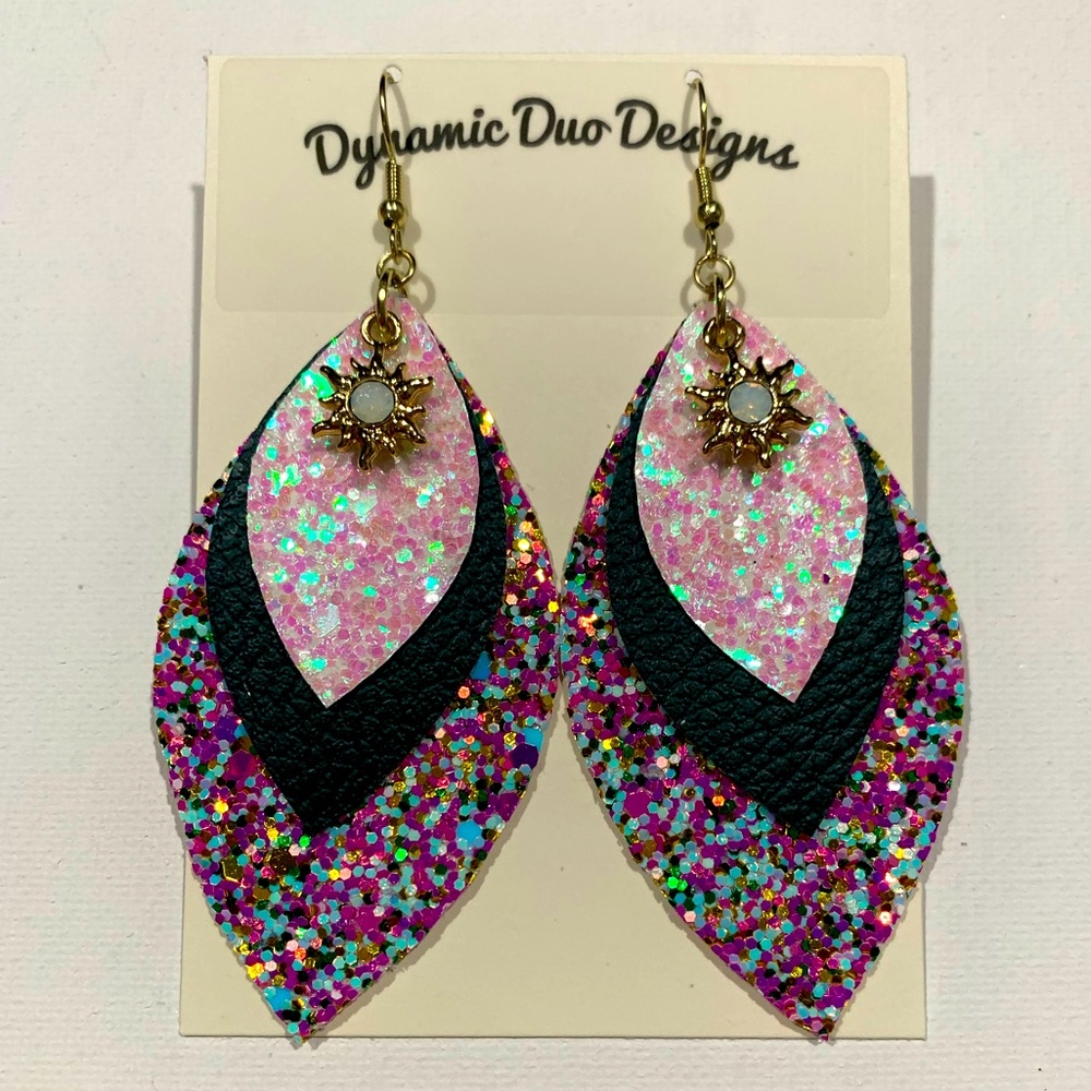 Glitter Faux Leather earrings with gold Opal accent charm - Picture 4 of 5